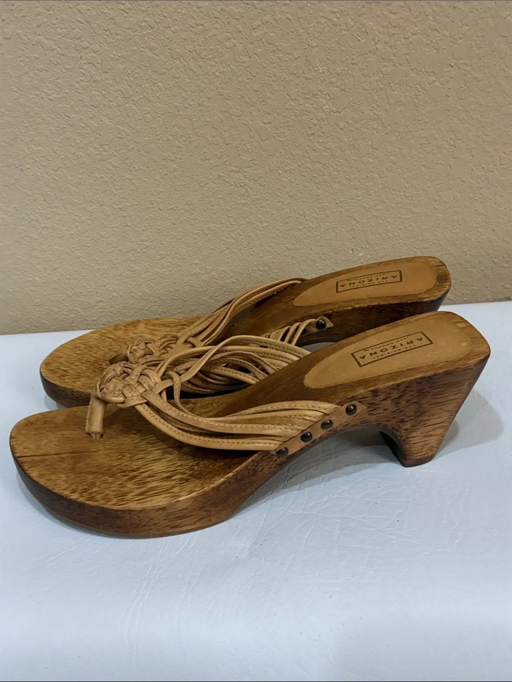 Arizona Jean Company Tan Woven Leather Wedge Sandals with Wooden-Look Heel
